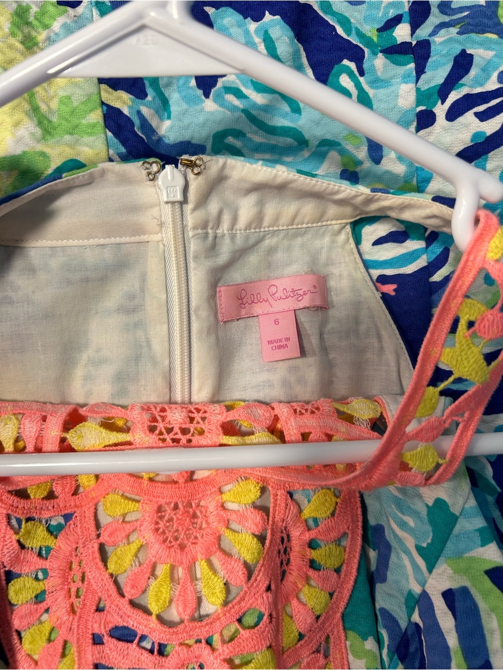 Lilly Pulitzer Blue, Teal & Pink Mini Dress with Neon Pink Crochet Yoke - Picture 3 of 3